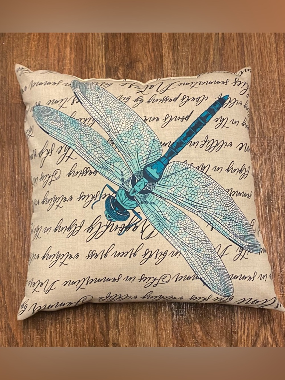 Blue Dragonfly 14” Square Throw Pillow Beige Double Sided Garden Fairy Cottage